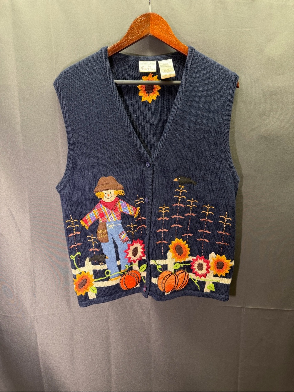 Bobbie Brooks Fall Cardigan Sweater Vest Womens L Scarecrow Sunflowers Pumpkins